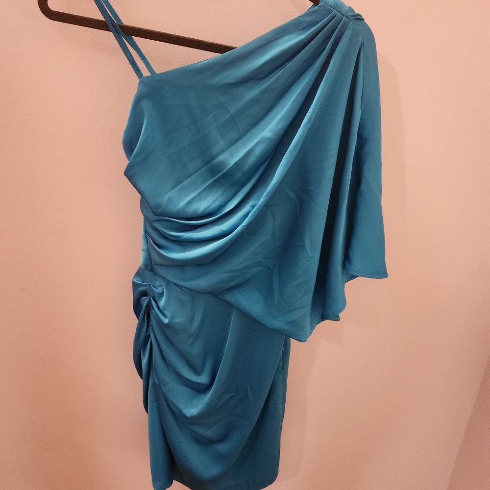 NWT Cache Teal, Satin, One-Shoulder Cocktail Dress